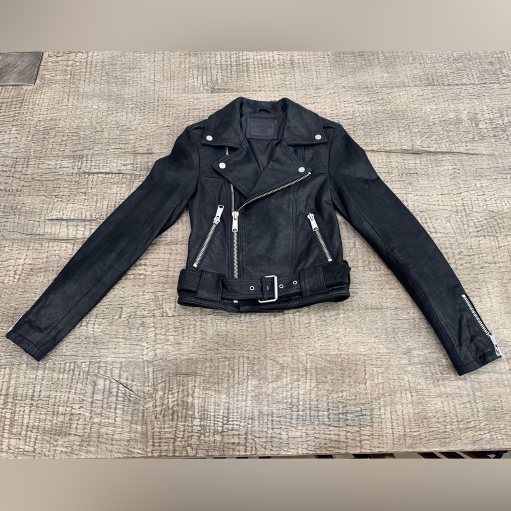 Carmar Cropped Black Distressed Leather Moto Jacket with Silver Hardware